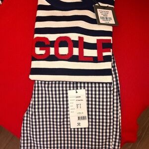 Le Lis Navy and White Striped short sleeve sweater, gingham shorts.